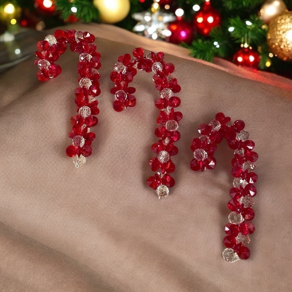 Vintage Style, Red Acrylic And Clear Crystal Beaded Christmas Ornaments